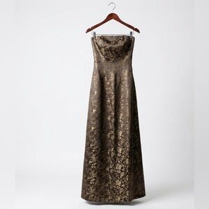 JANELL BEALS Silk Strapless Gown Metallic Gold Brown Floral Brocade Dress Size 6
